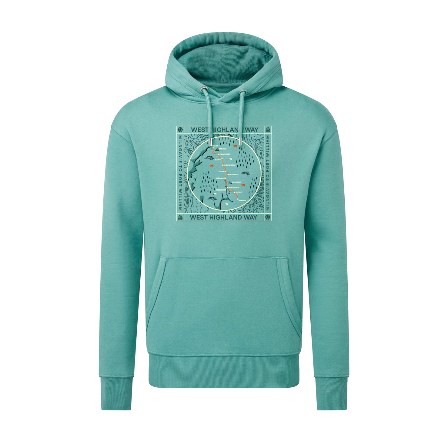 Front view of Teal organic cotton hoodie with West Highland Way map design