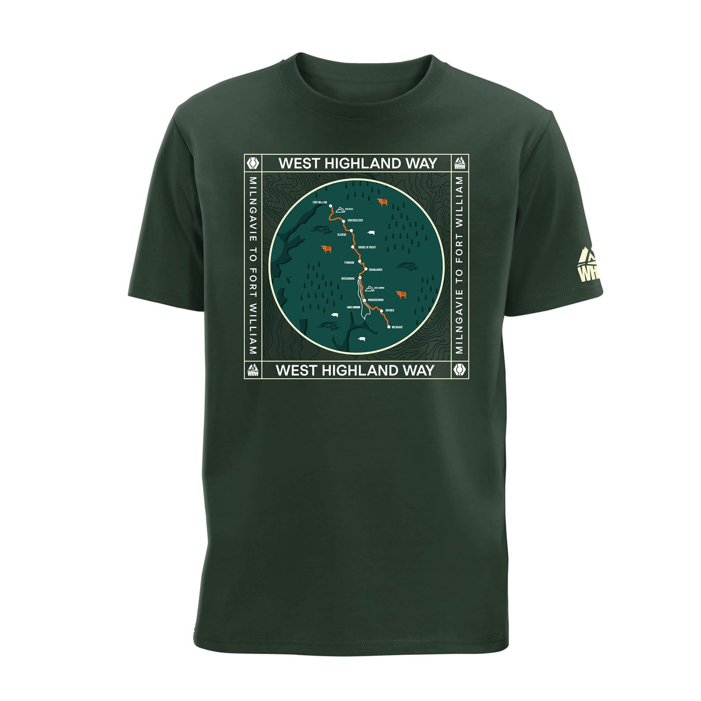 Front view of forest green t-shirt with West Highland Way map design
