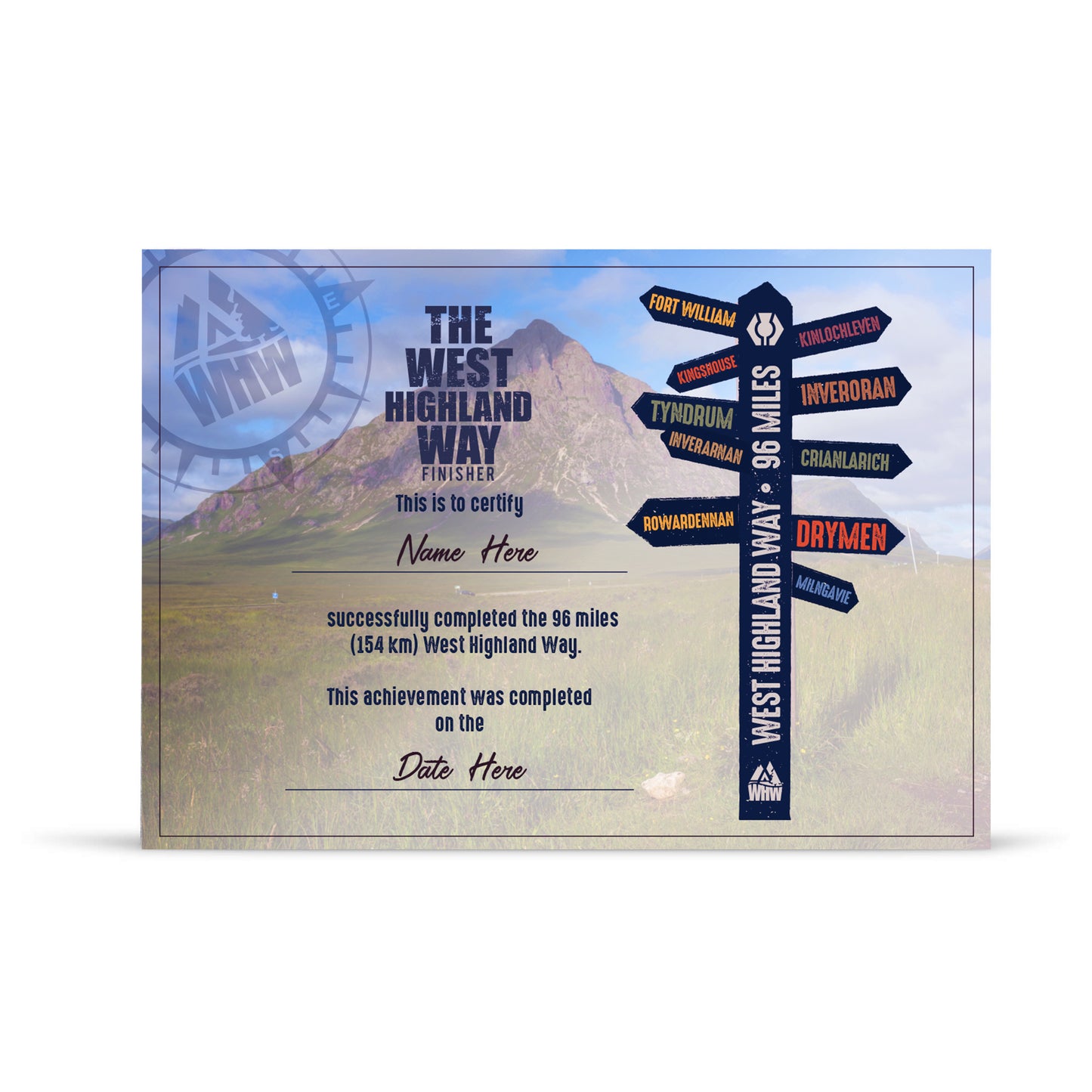 West Highland Way Personalised A4 finisher's certificate