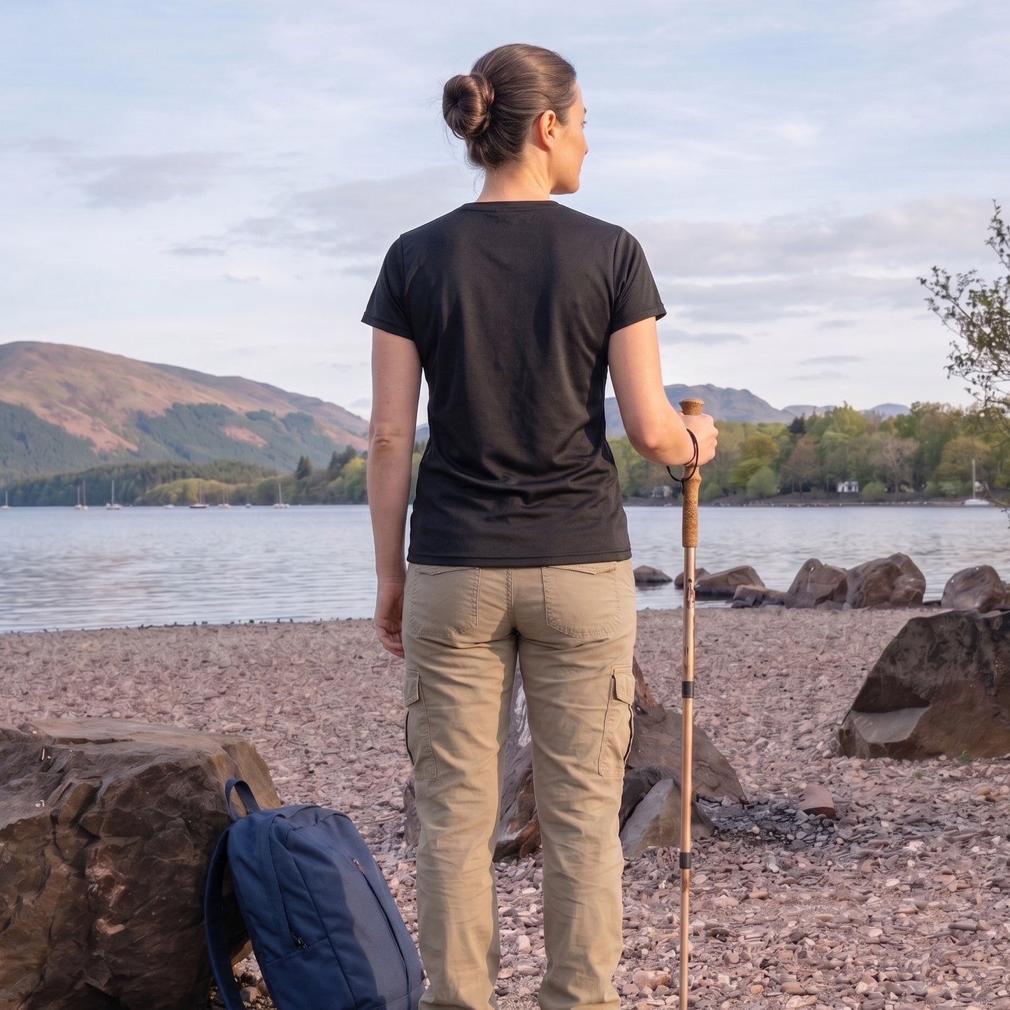 Back view of woman wearing West Highland Way Map Tech T-Shirt