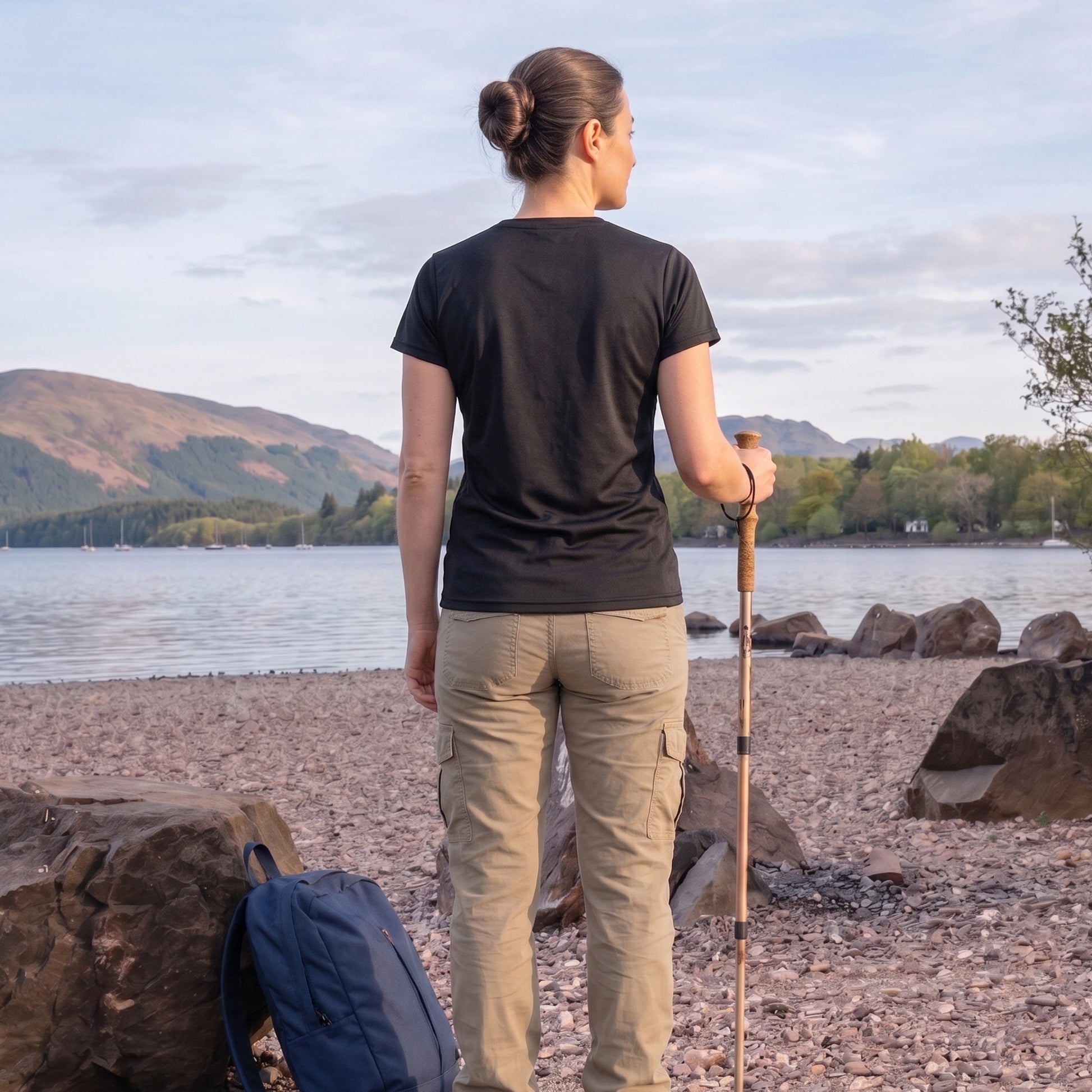 Back view of woman wearing West Highland Way Map Tech T-Shirt