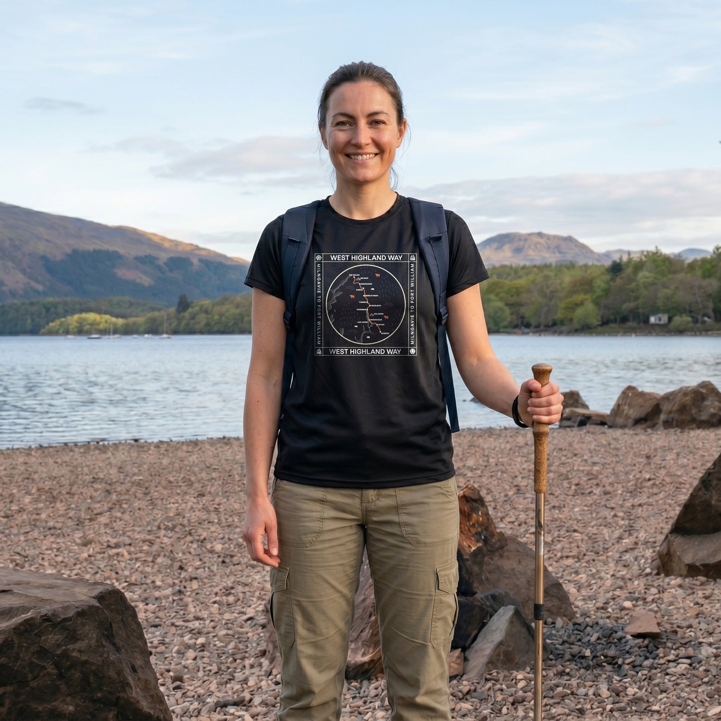 Front view of woman wearing West Highland Way Map Tech T-Shirt