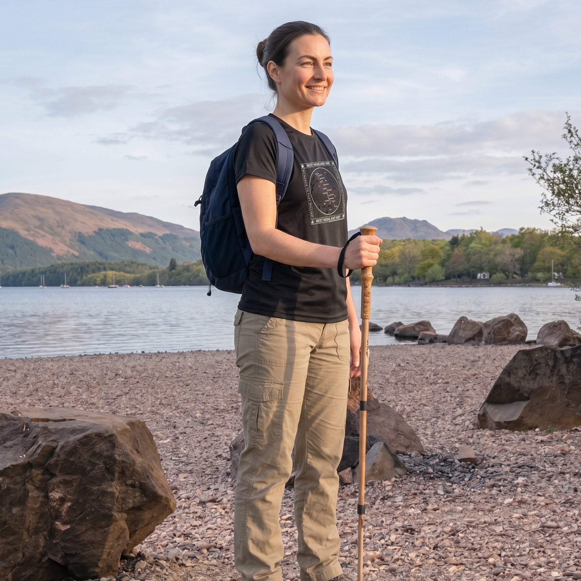 Unisex view of woman wearing West Highland Way Map Tech T-Shirt