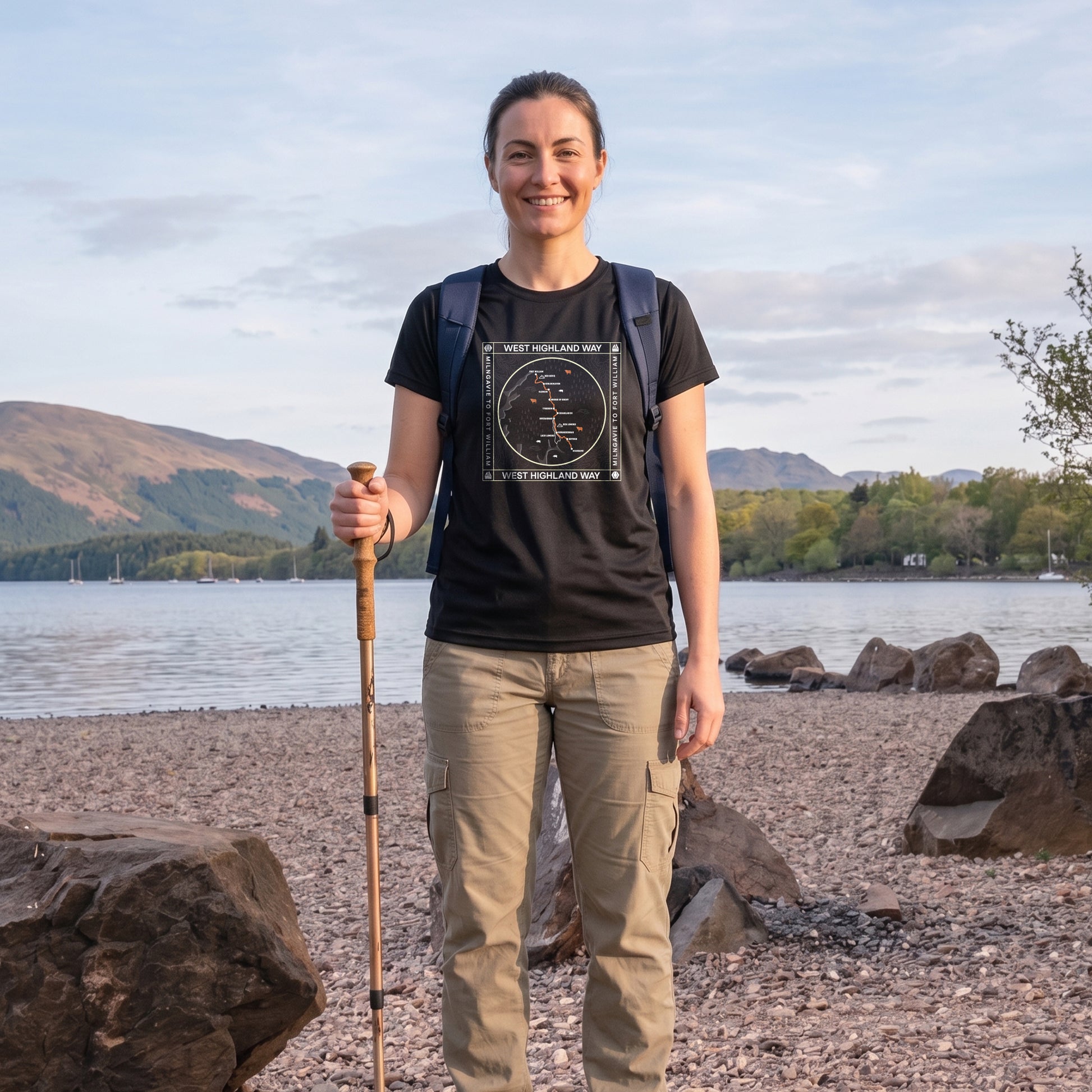 Front view of woman wearing West Highland Way Map Tech T-Shirt