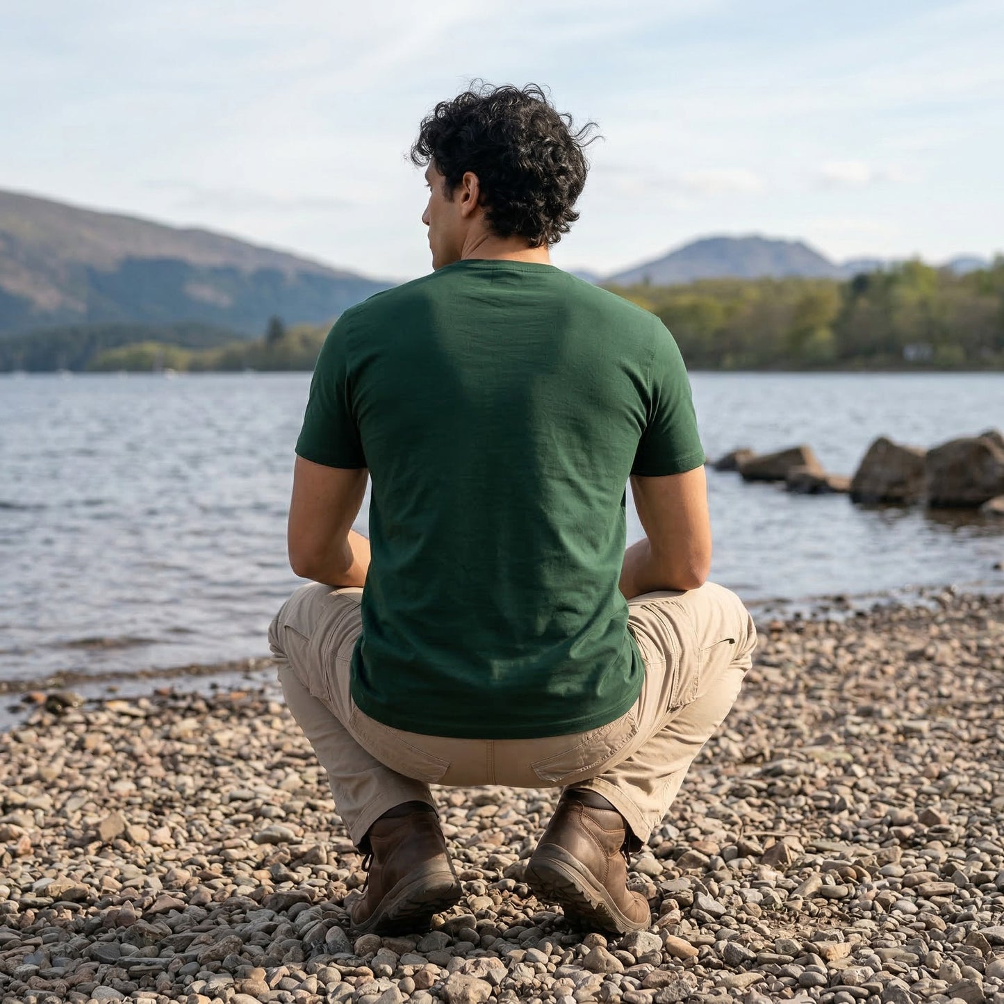 Back view of man wearing forest green west highland way map organic cotton t-shirt
