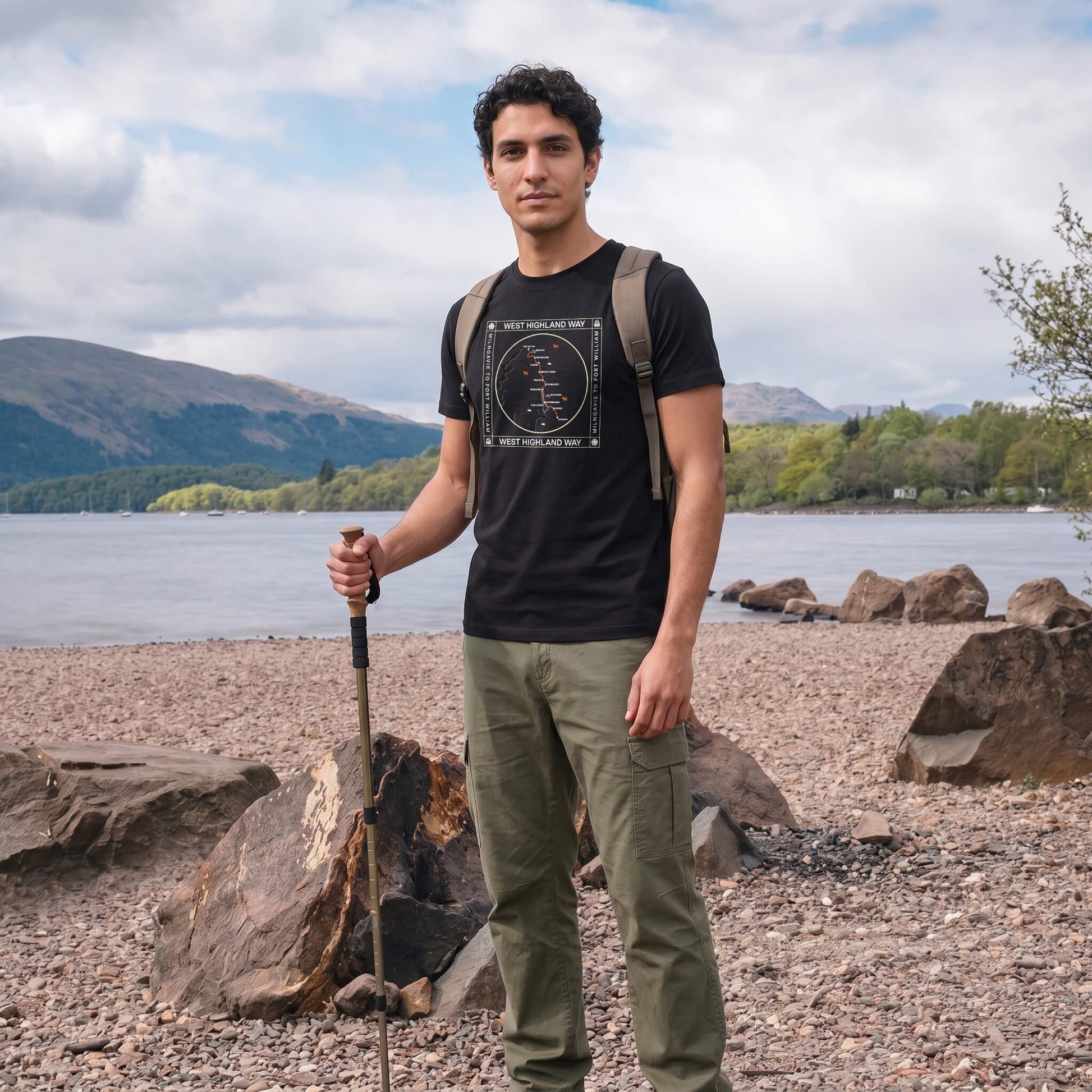 Three Quarter view of man wearing black West Highland Way map organic cotton t-shirt