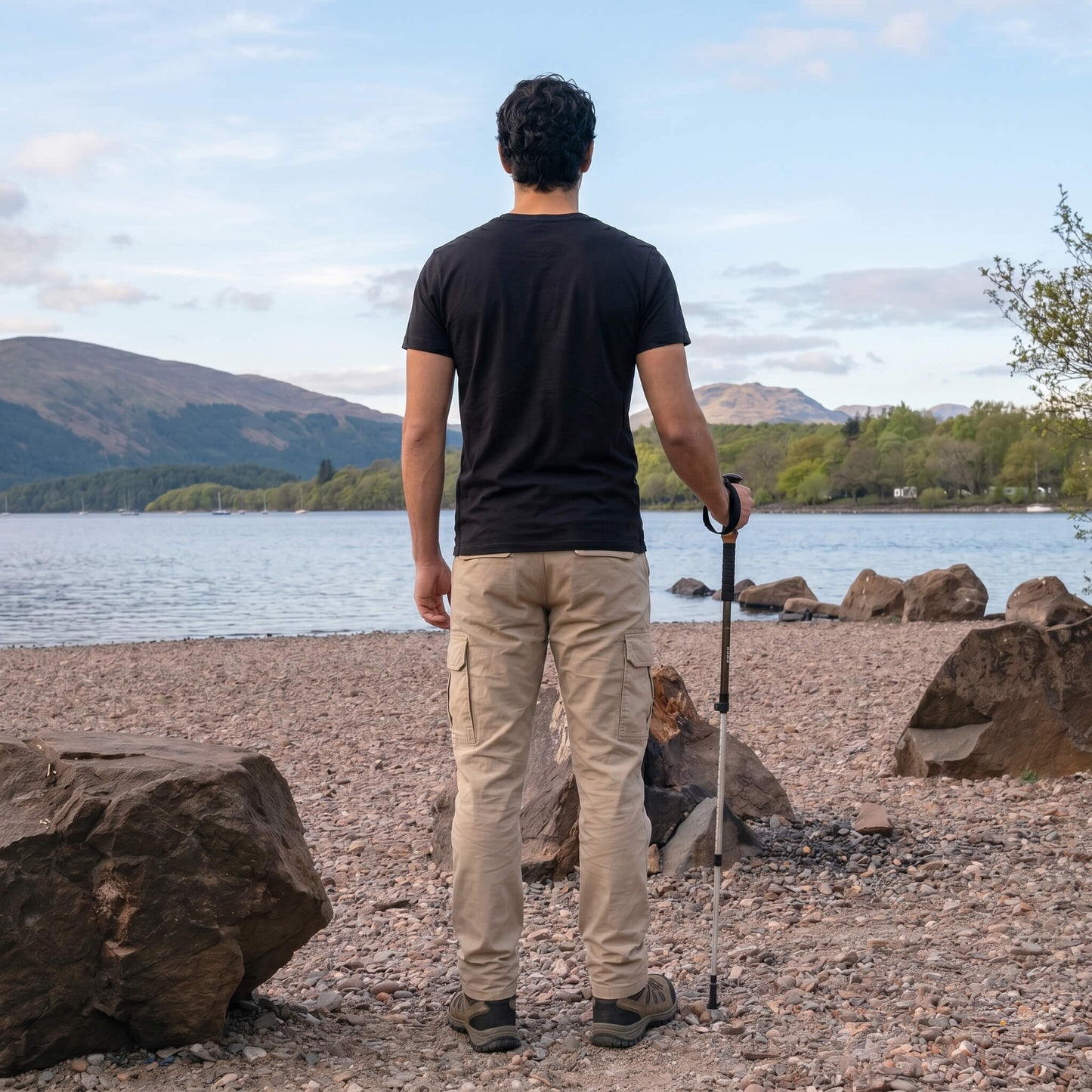 Back view of man wearing black West Highland Way map organic cotton t-shirt