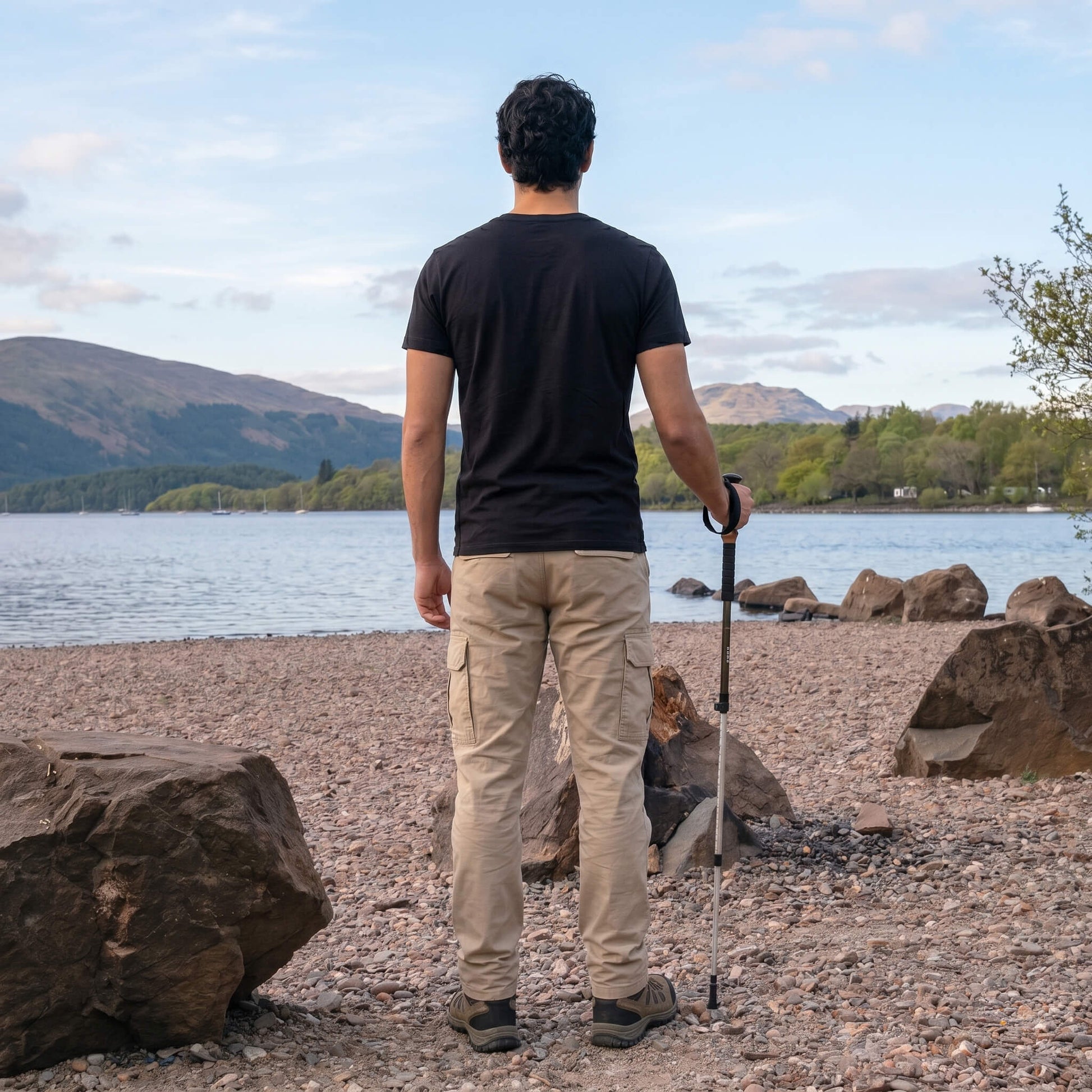 Back view of man wearing black West Highland Way map organic cotton t-shirt