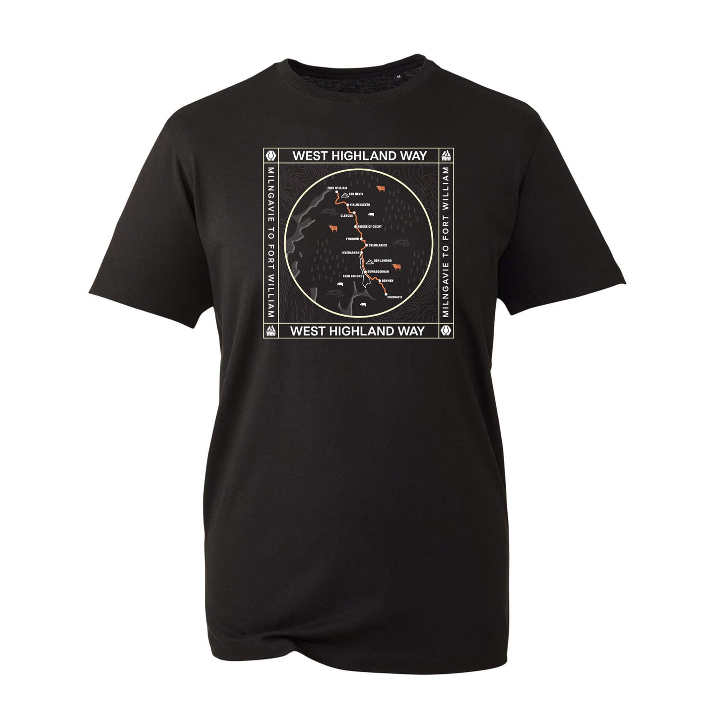 Black West Highland Way map organic cotton t-shirt on white background