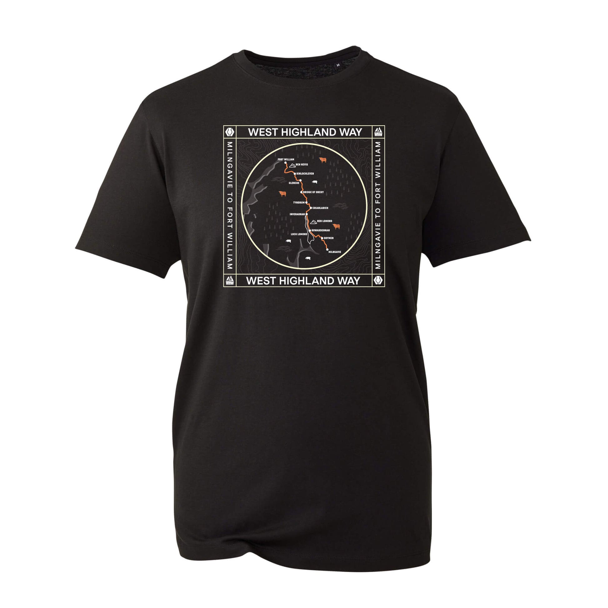 Black West Highland Way map organic cotton t-shirt on white background
