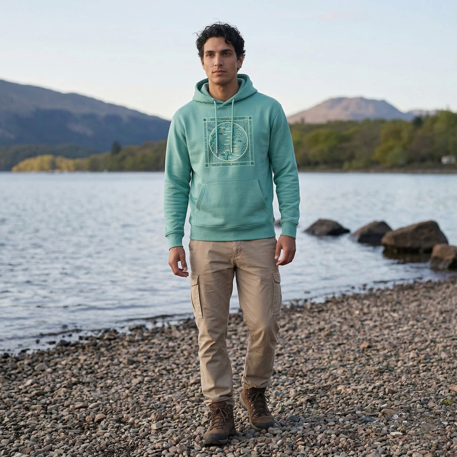 Front view of man wearing teal west highland way map organic cotton hoodie