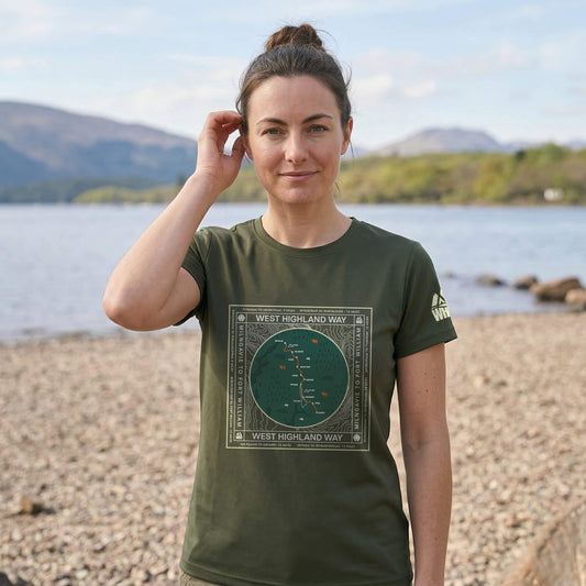 Close up of woman wearing moss green west highland way map tech t-shirt
