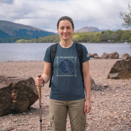close up view of woman wearing blue steel west highland way map tech t-shirt