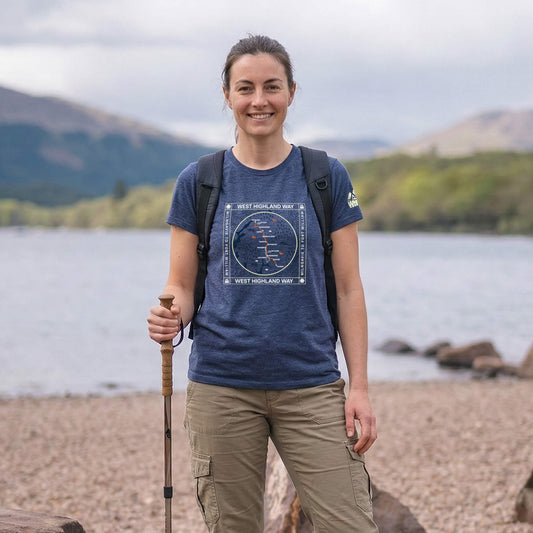 Front view of woman wearing blue steel west highland way map tech t-shirt