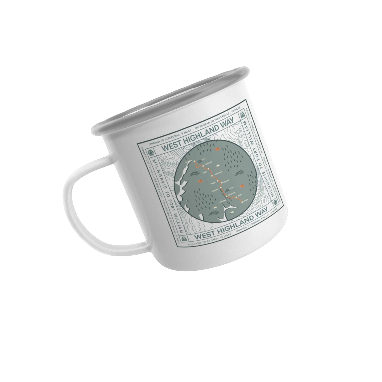 White enamel camping mug with West Highland Way map design