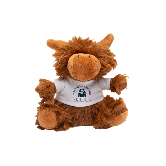 Font view of Highland Coo Plush Keyring. The coo is wearing a mini t-shirt with West Highland Way finisher design.