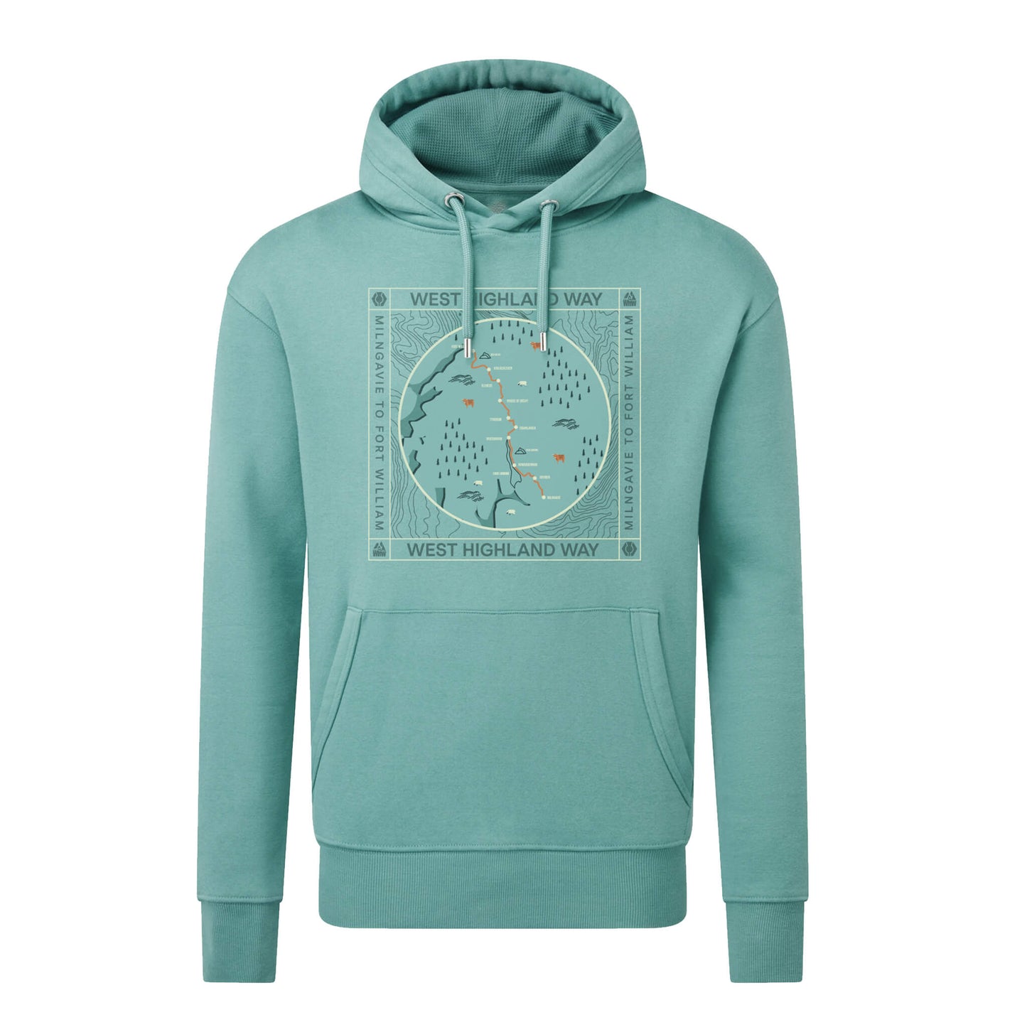 Front view of Teal organic cotton hoodie with West Highland Way map design