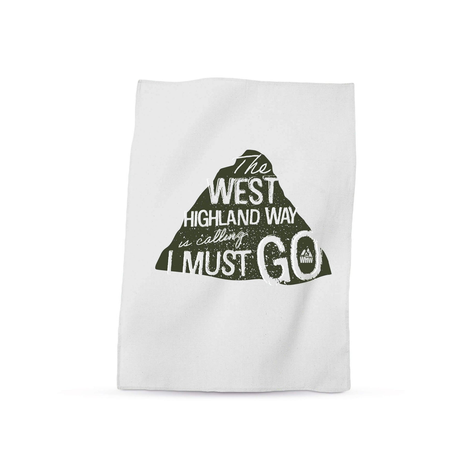 Luxurious white cotton tea towel with The West Highland Way is calling graphic
