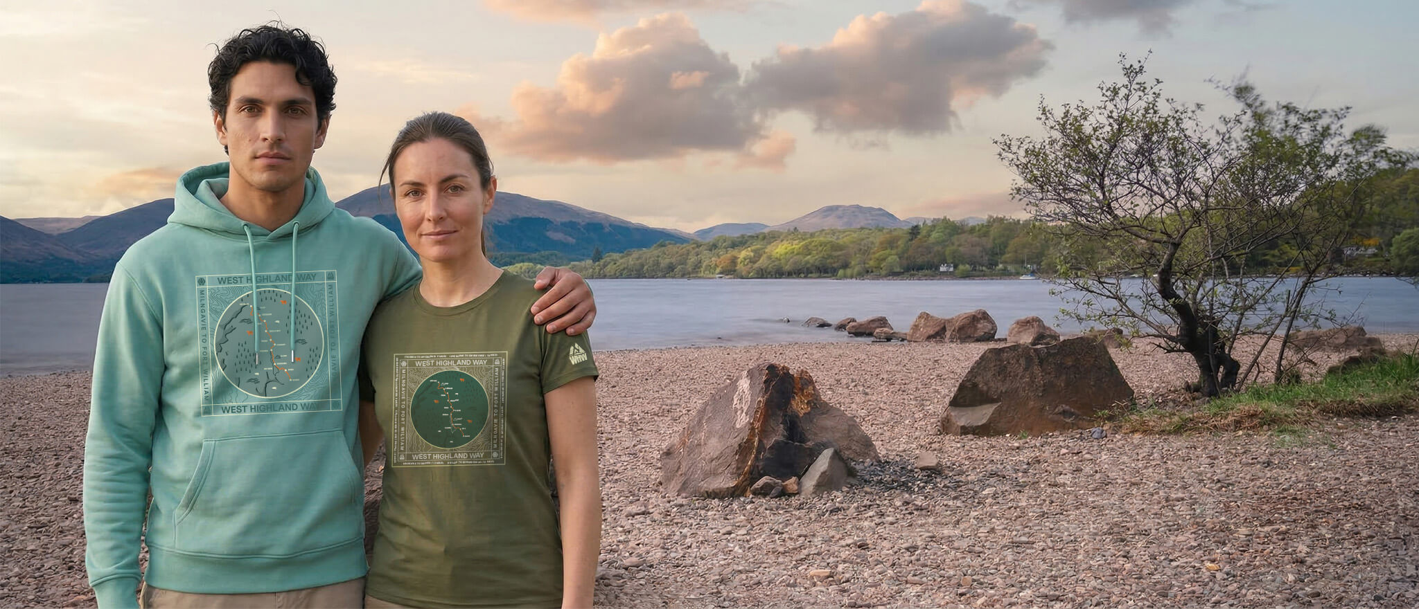 Couple wearing hoodie and t-shirt from the Map Collection on the West Highland Way