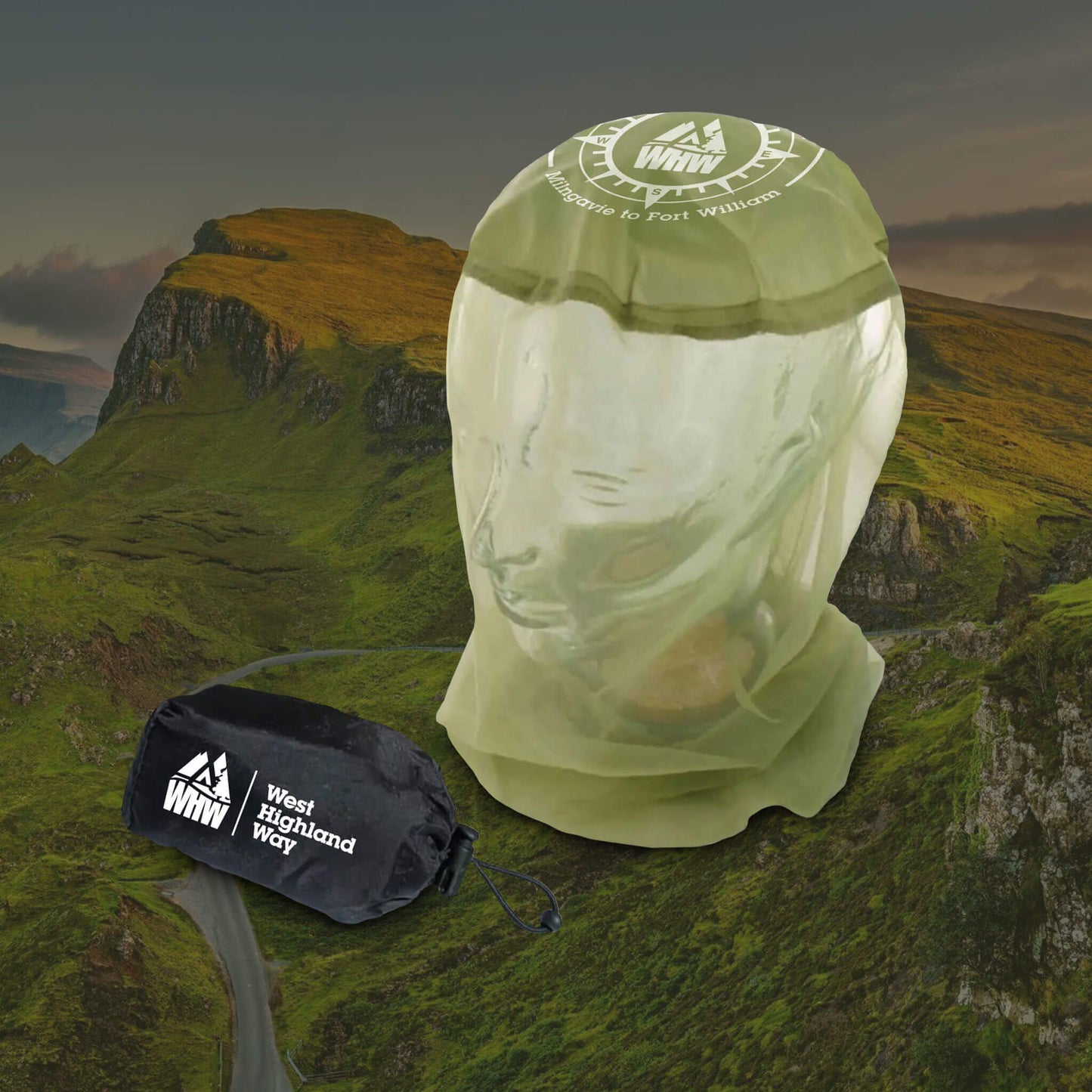 Midgie Head Net with carry pack on WHW scenic background | Green | West Highland Way Shop