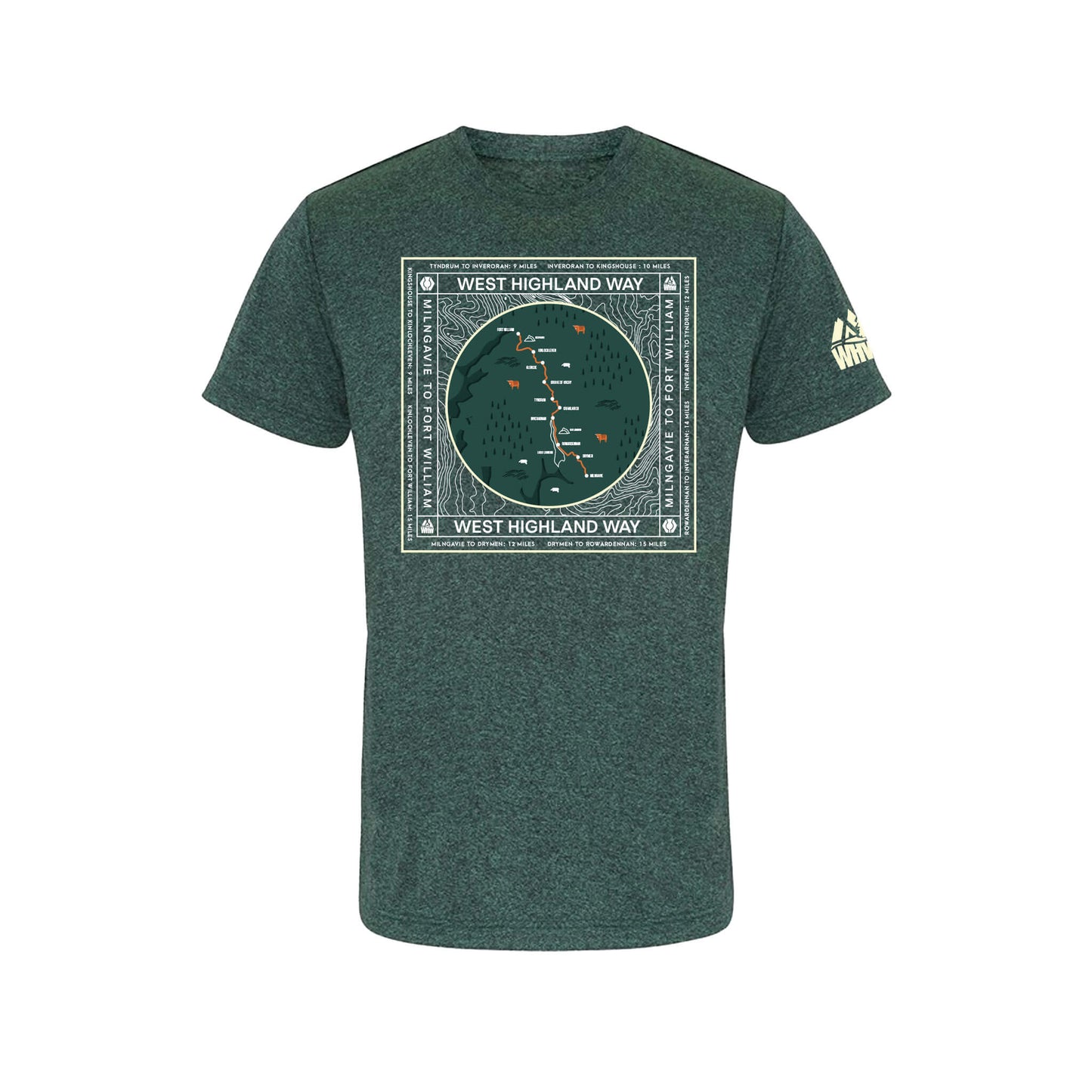 Front view of black  performance t-shirt with West Highland Way map design