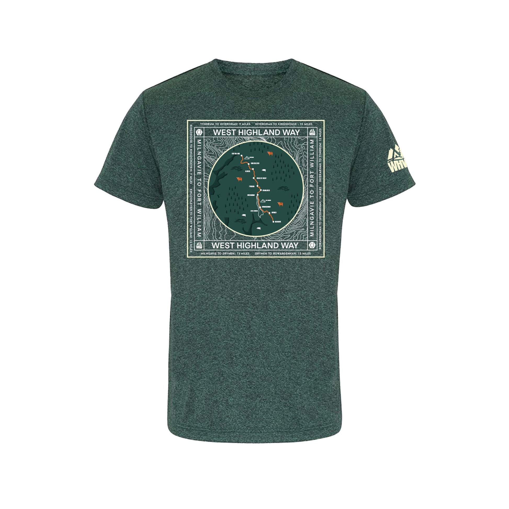 Front view of black  performance t-shirt with West Highland Way map design