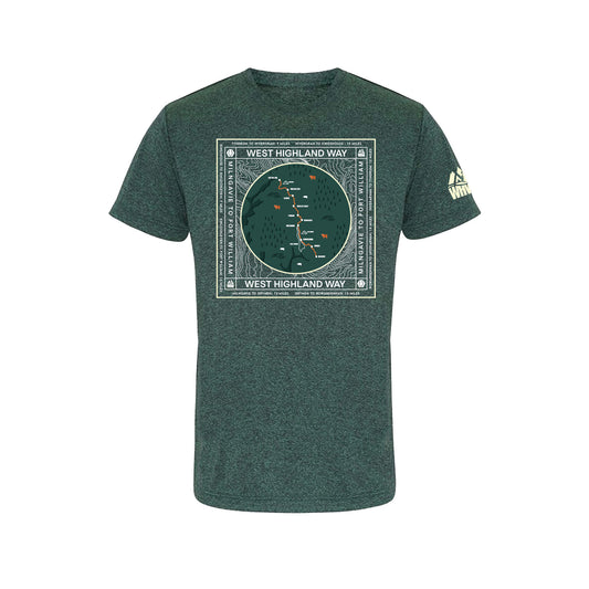 Front view of black  performance t-shirt with West Highland Way map design