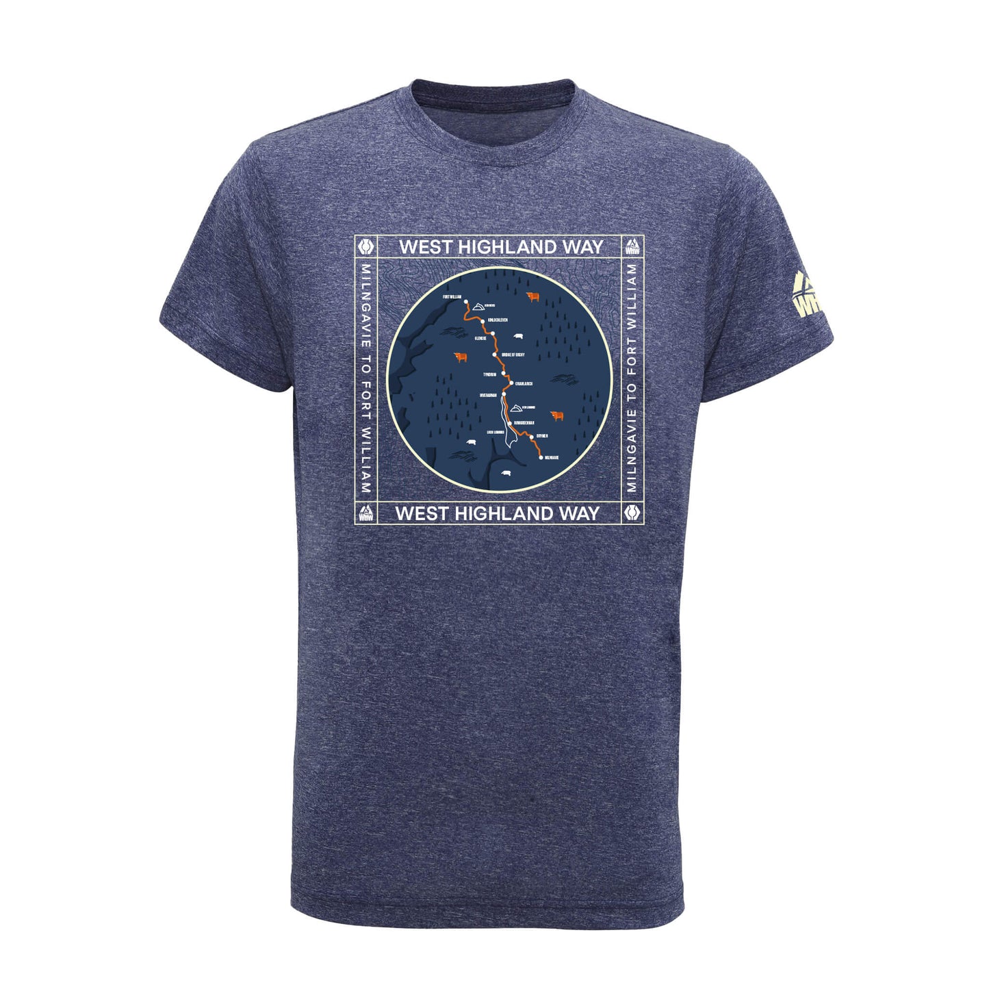 Front view of blue melange  performance t-shirt with West Highland Way map design