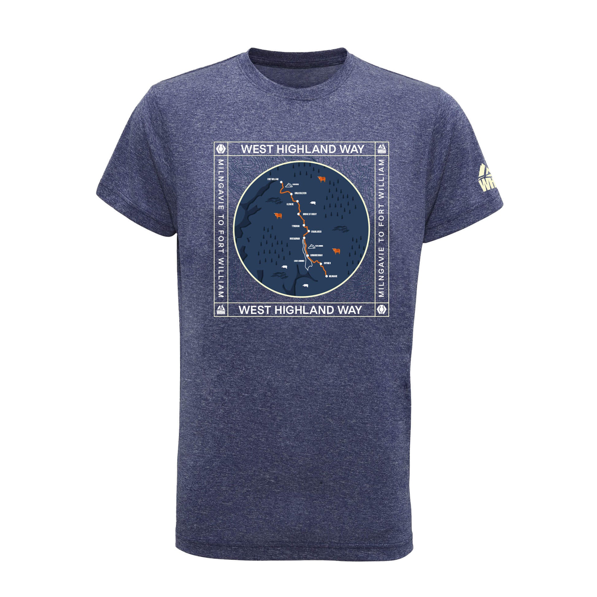 Front view of blue melange  performance t-shirt with West Highland Way map design