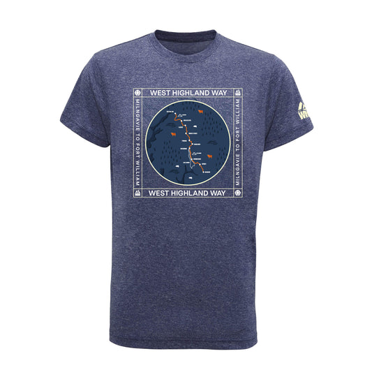 Front view of blue melange  performance t-shirt with West Highland Way map design