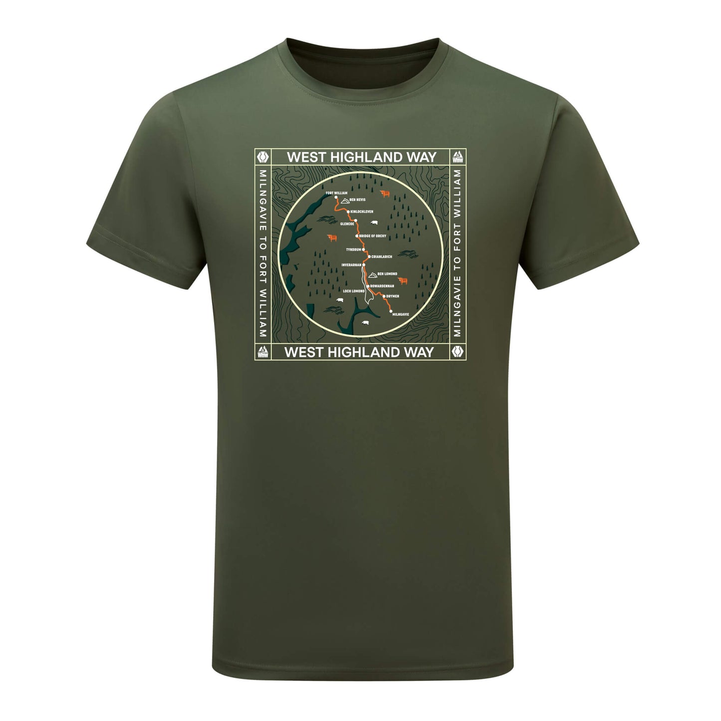 Front view of moss green tech t-shirt with West Highland Way map design