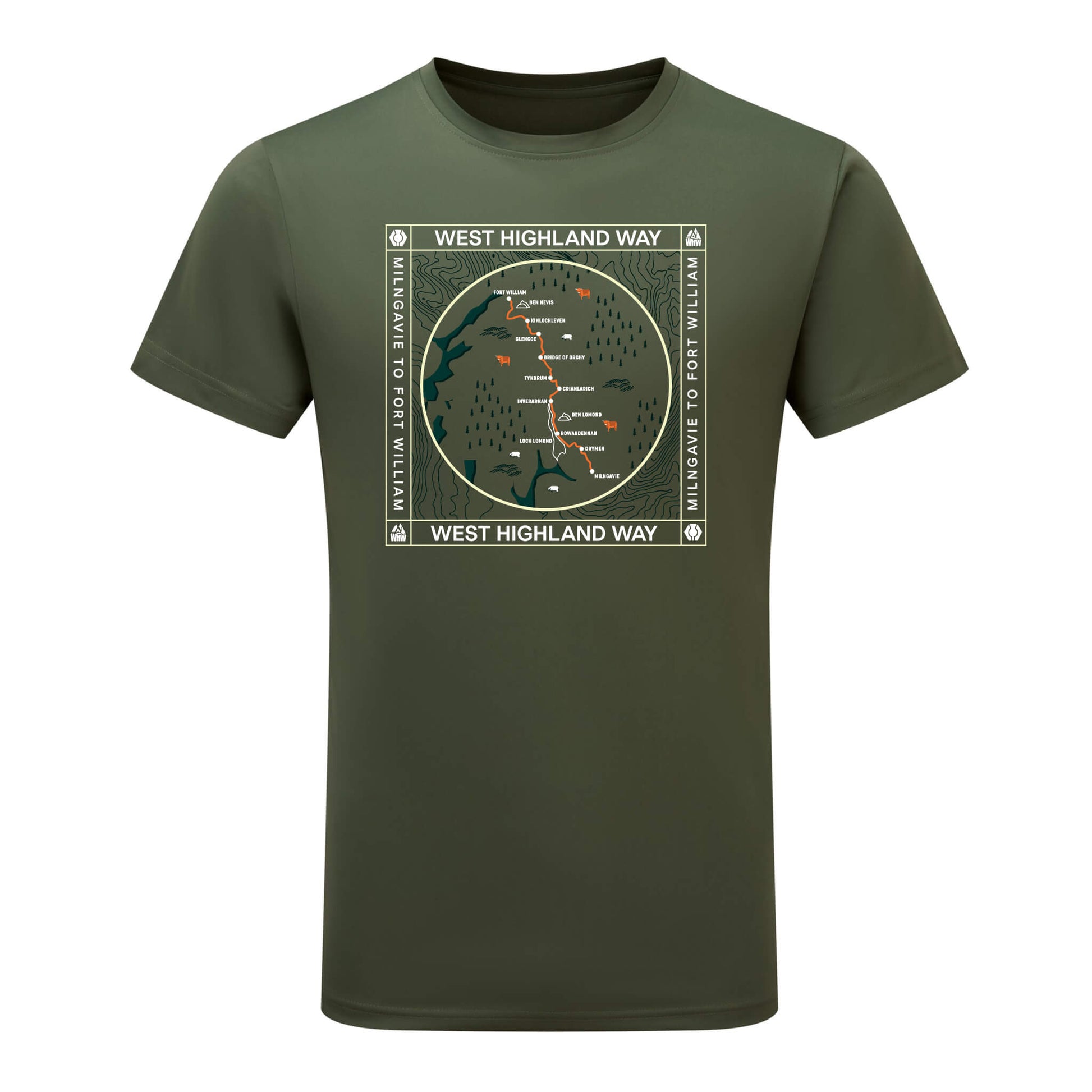 Front view of moss green tech t-shirt with West Highland Way map design