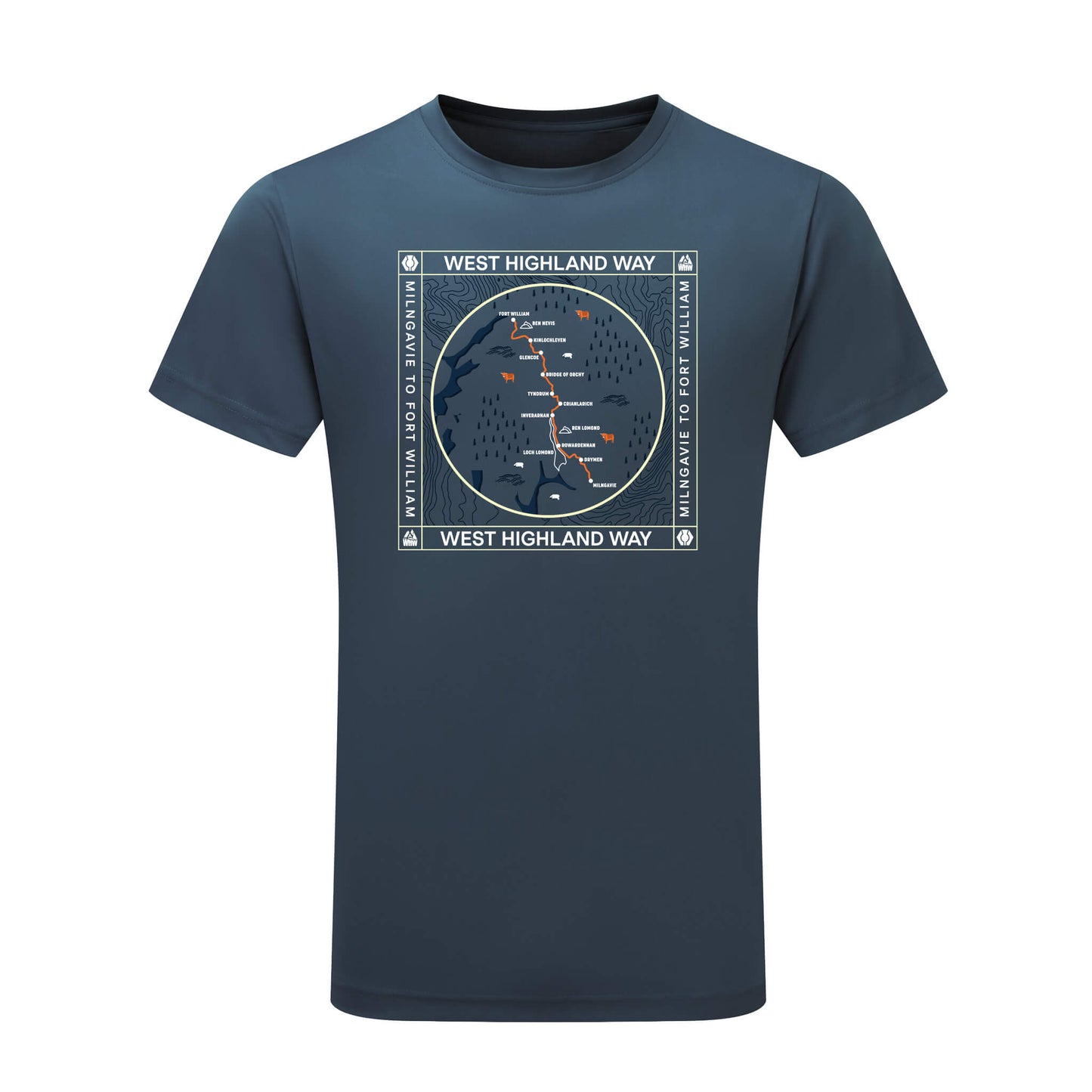 Front view of blue melange  performance t-shirt with West Highland Way map design