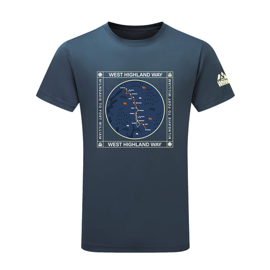 Front view of blue melange  performance t-shirt with West Highland Way map design