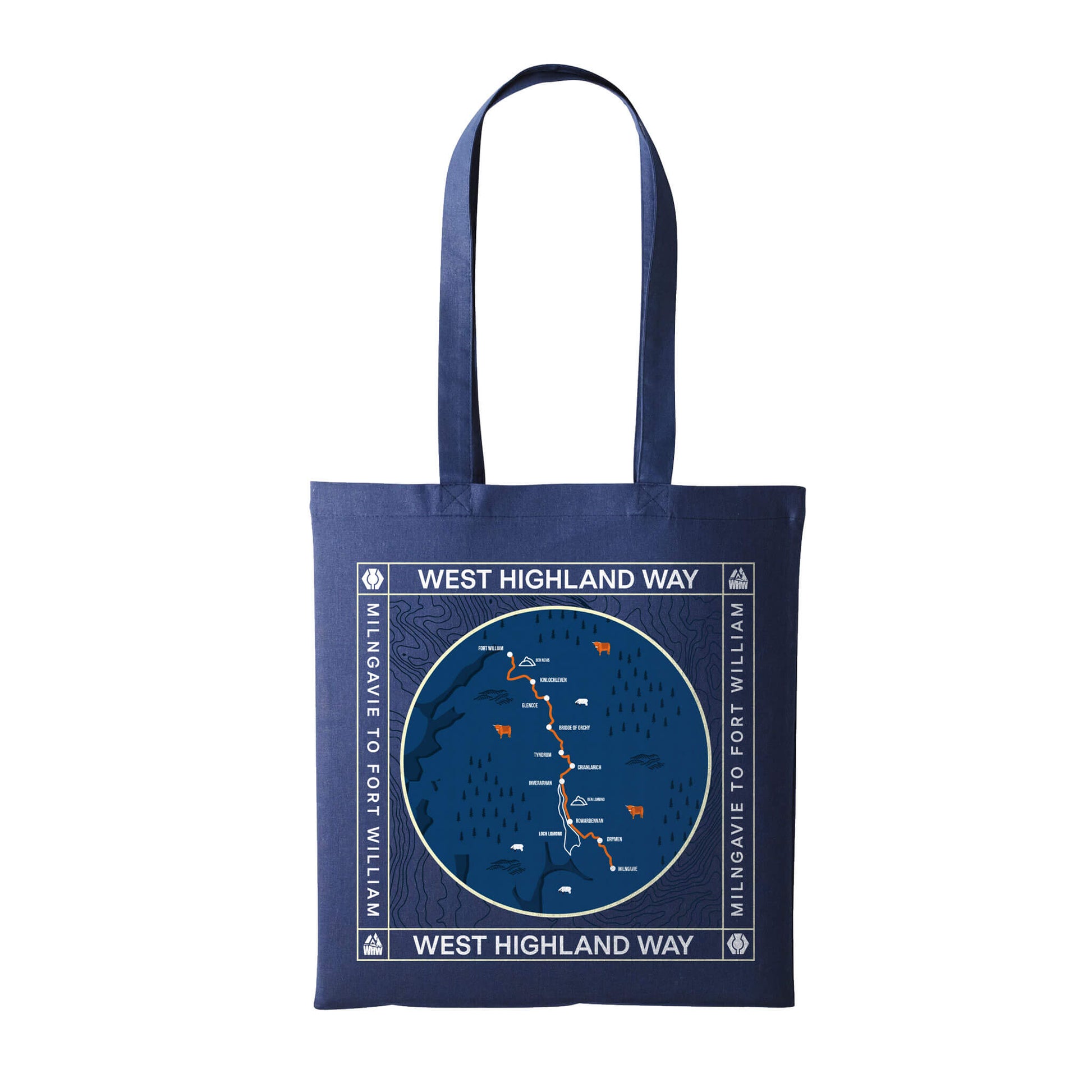 Navy cotton tote bag with West Highland Way map design