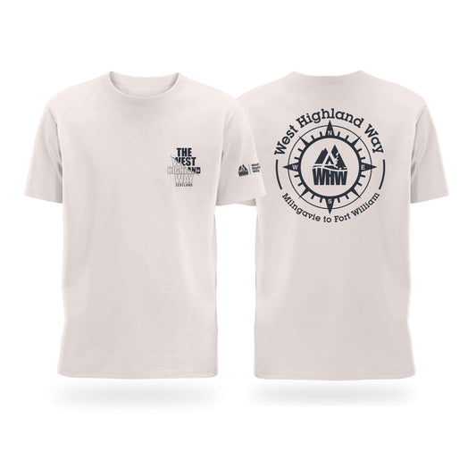 Pair of Natural Coloured West Highland Way Compass T Shirts showing designs on front and back