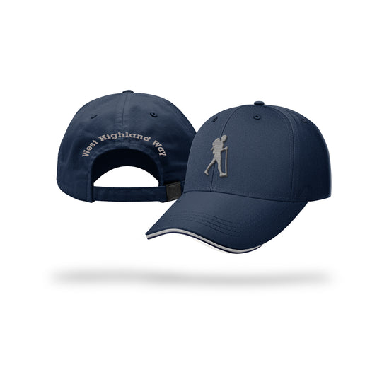 West Navy Highland Way Walker Baseball Caps showing front and back embroidery