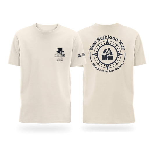 Pair of Natural Coloured West Highland Way Compass T Shirts showing designs on front and back