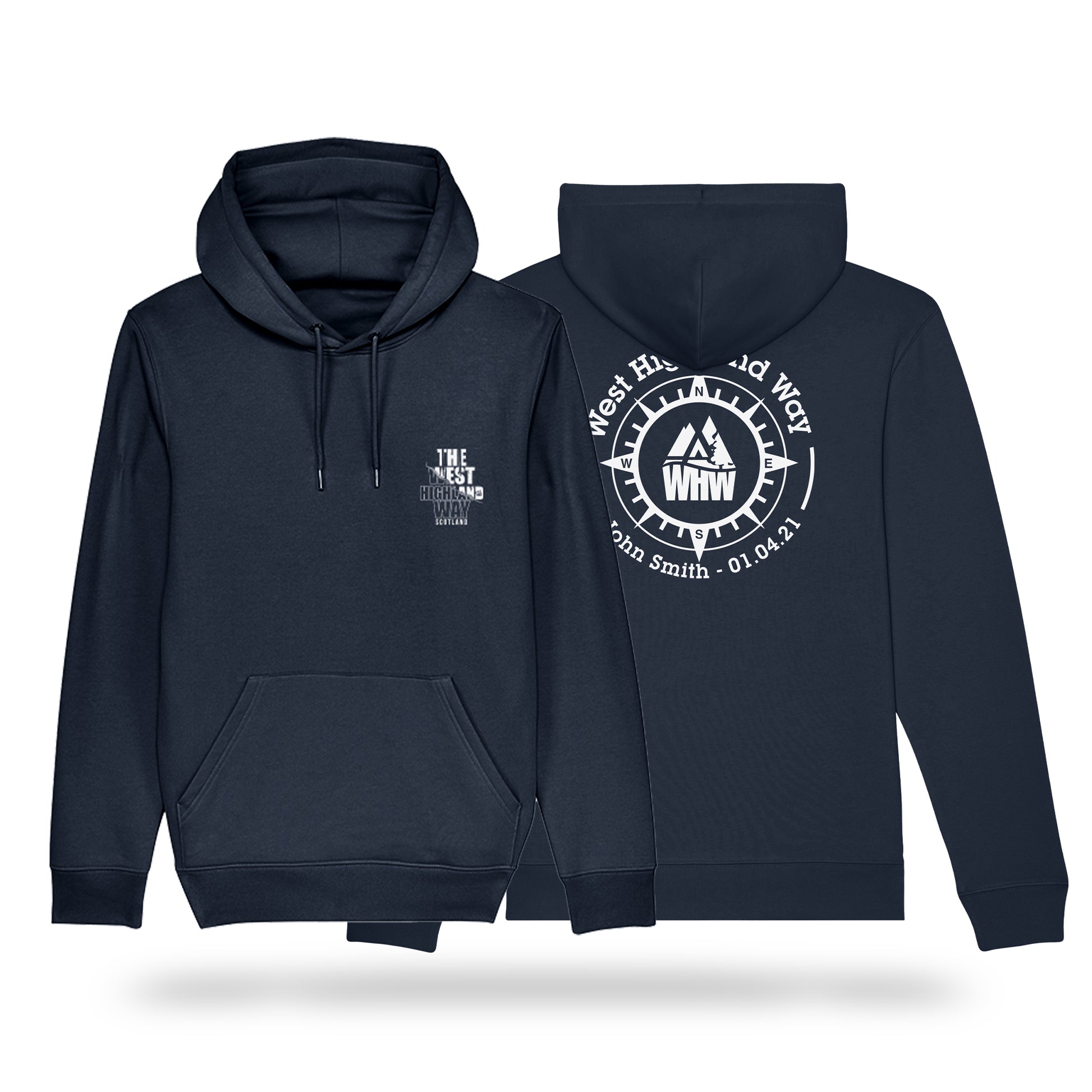 Black West Highland Way Personalised Compass hoodies showing chest and back prints 