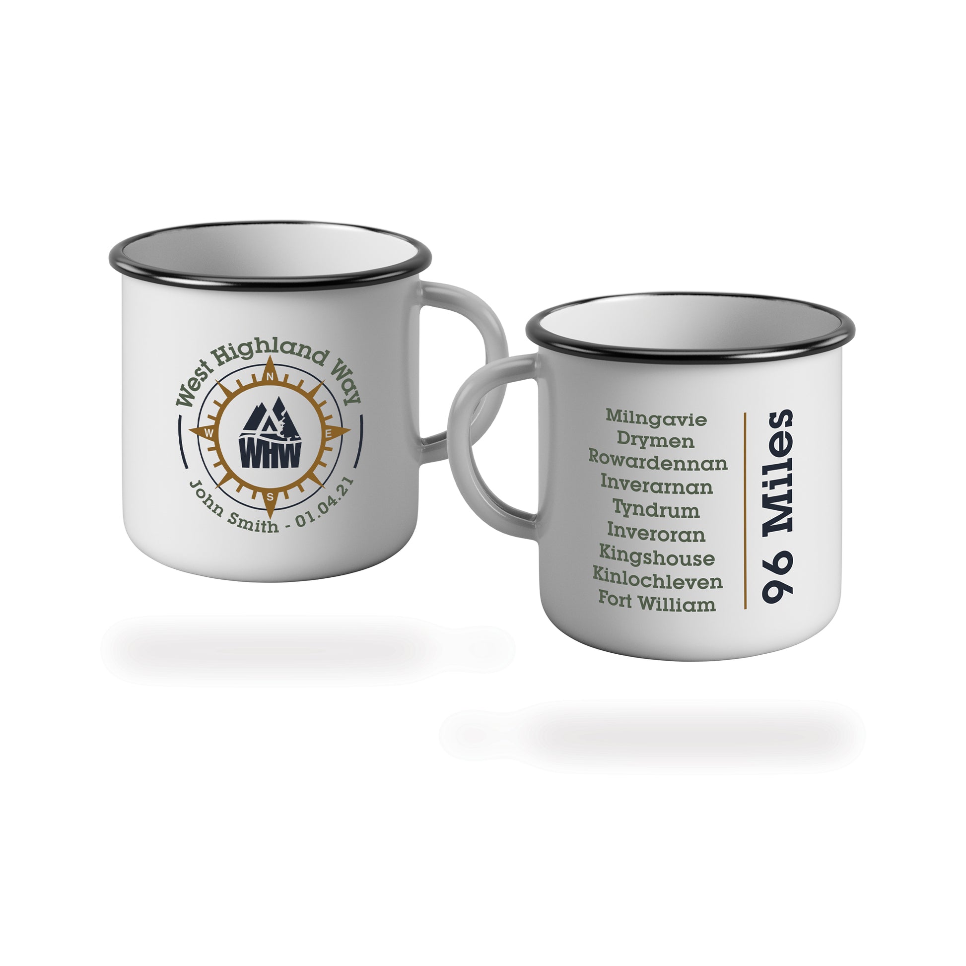 West Highland Way Personalised Compass Enamel Mug with stops along the route on the back