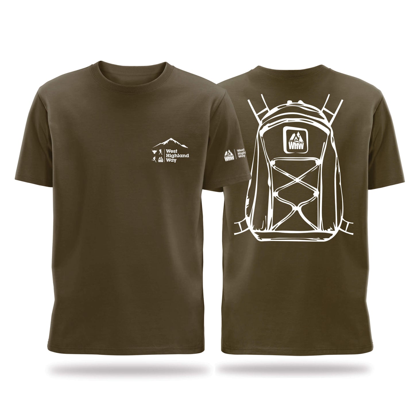 Pair of  Brown West Highland Way Backpack T-Shirts with backpack design on the back and left chest Buachaille Etive Mor WHWlogo