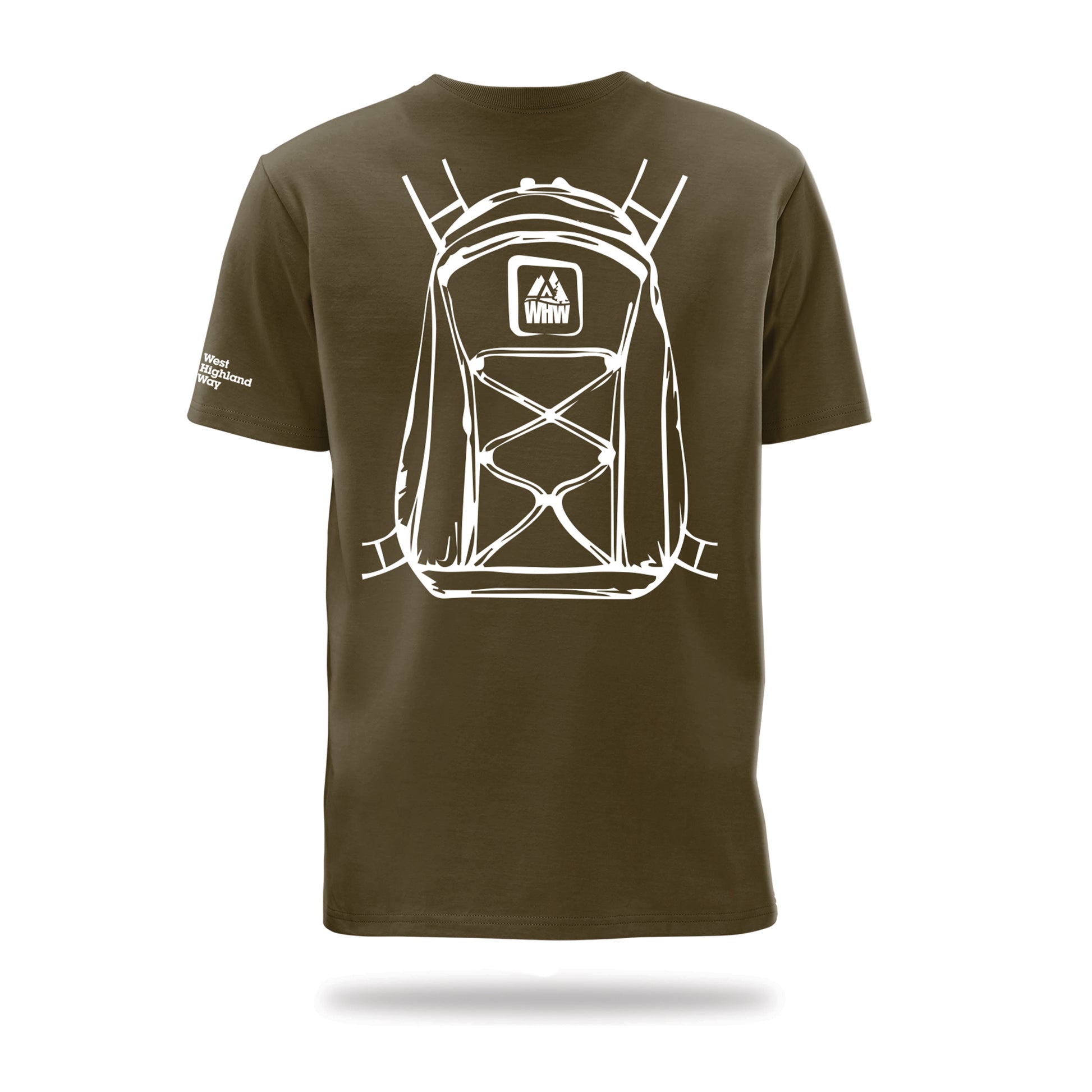Brown West Highland Way T-Shirt showing illustrated backpack design on the back.