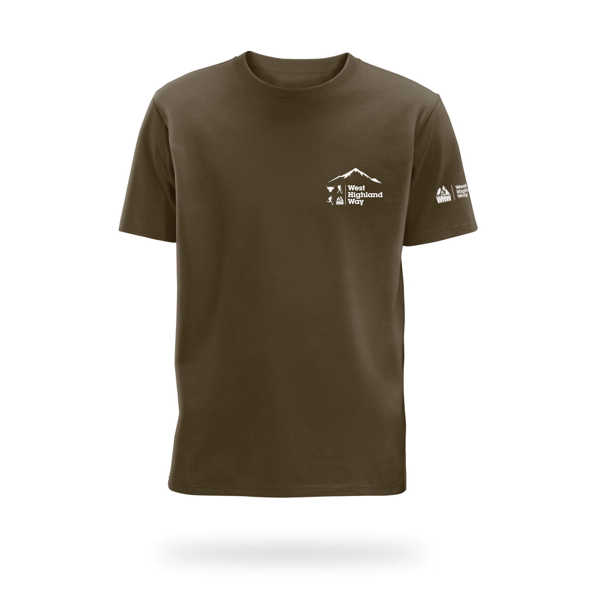Brown Backpack T-Shirt showing Buachaille Etive Mor West Highland Way logo on left chest.