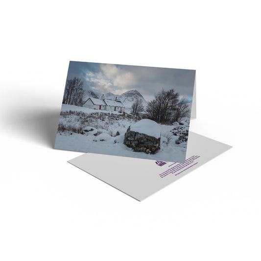 Greetings card with Black Rock Cottage at the entrance to Glencoe with Buachaille Etive Mor in the background