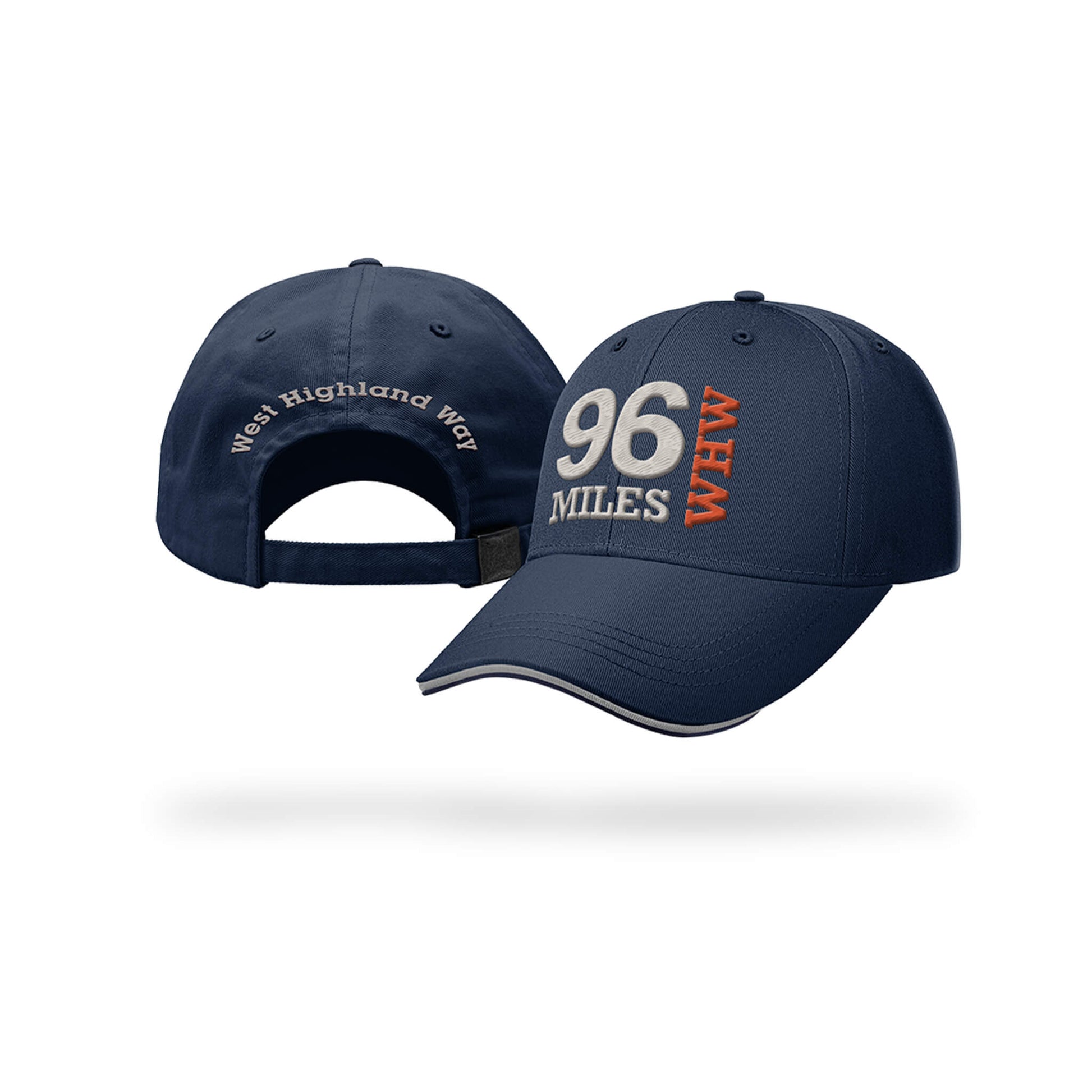 Navy West Highland Way 96 miles baseball caps shoeing front and back embroidery